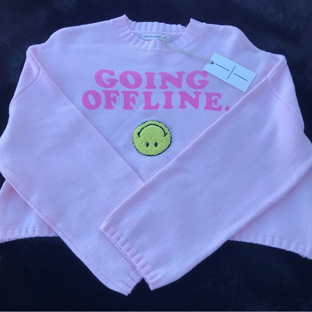 NEW ~ Moon & Madison "Going Offline" Pink w/ Smiley Face Sweater Top